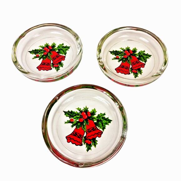 VTG Viking Glass Set 3 Christmas Ash Trays Bells and Holly Trinket Candy Dish - Picture 1 of 5